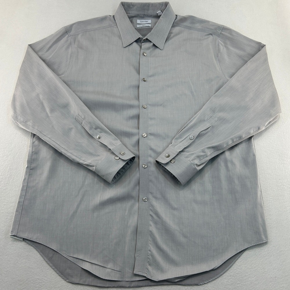 Calvin Klein Mens Slim Fit Performance Non-Iron Grey Herringbone Dress Shirt 18
